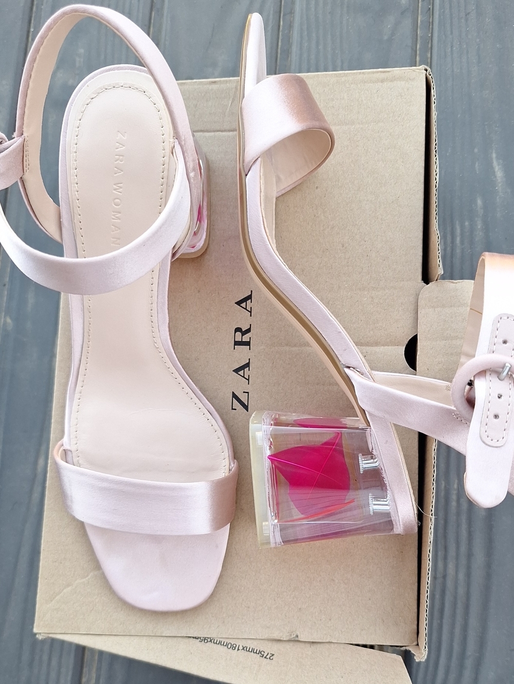 Zara Pink Satin Ankle-Strap Block Heel Sandals